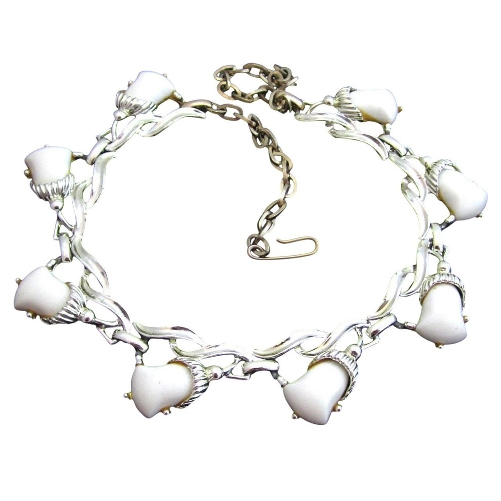White Tulip Flowers Vintage Gold Tn Floral Choker Necklace*Spring Jewelry*L4